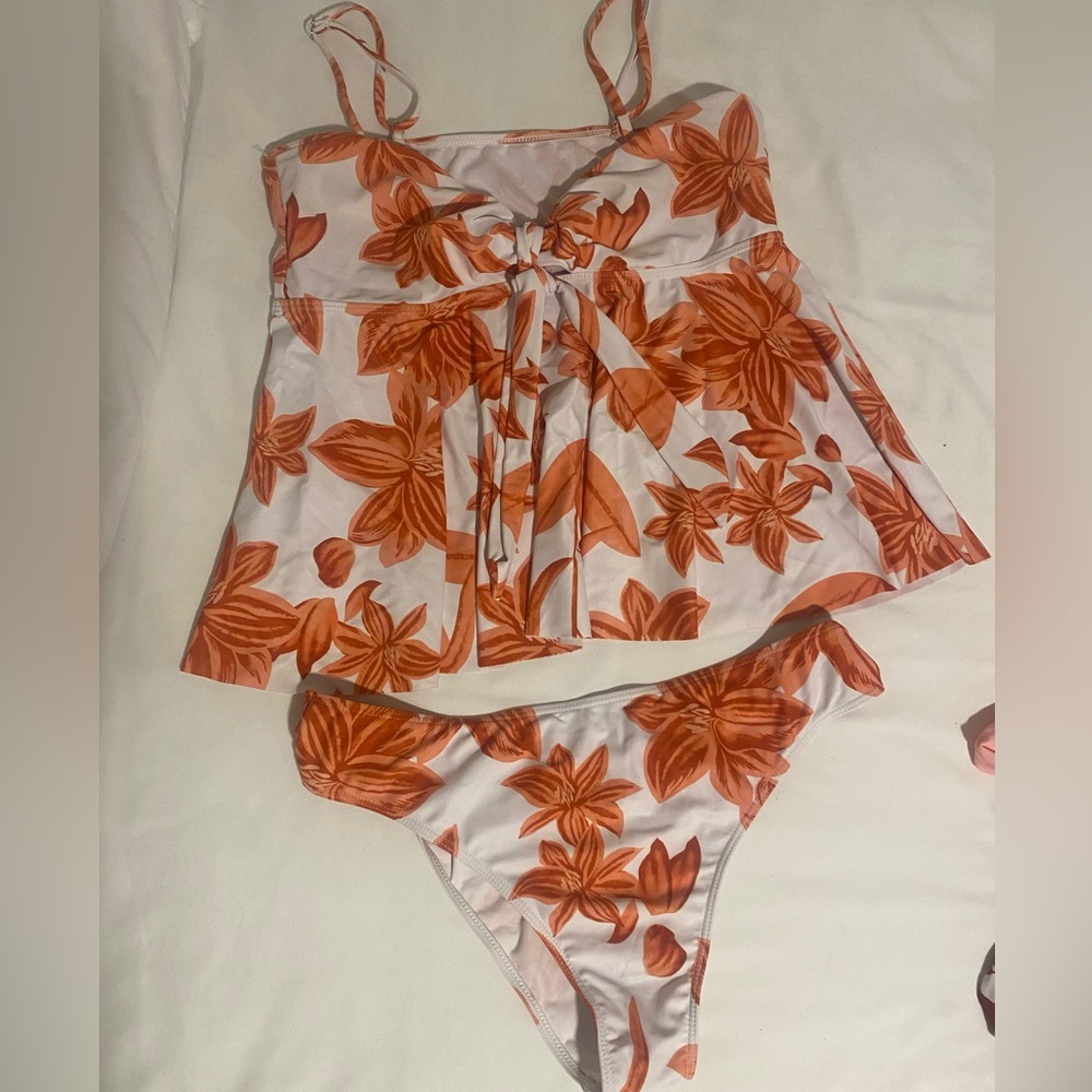 Orange Floral Two-Piece Swim Set Tankini great coverage